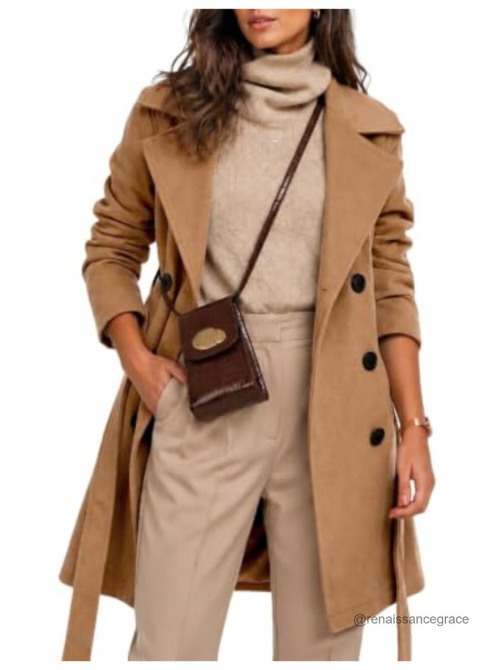 Wool Blend Double Breasted Trench Coat Belted Midi